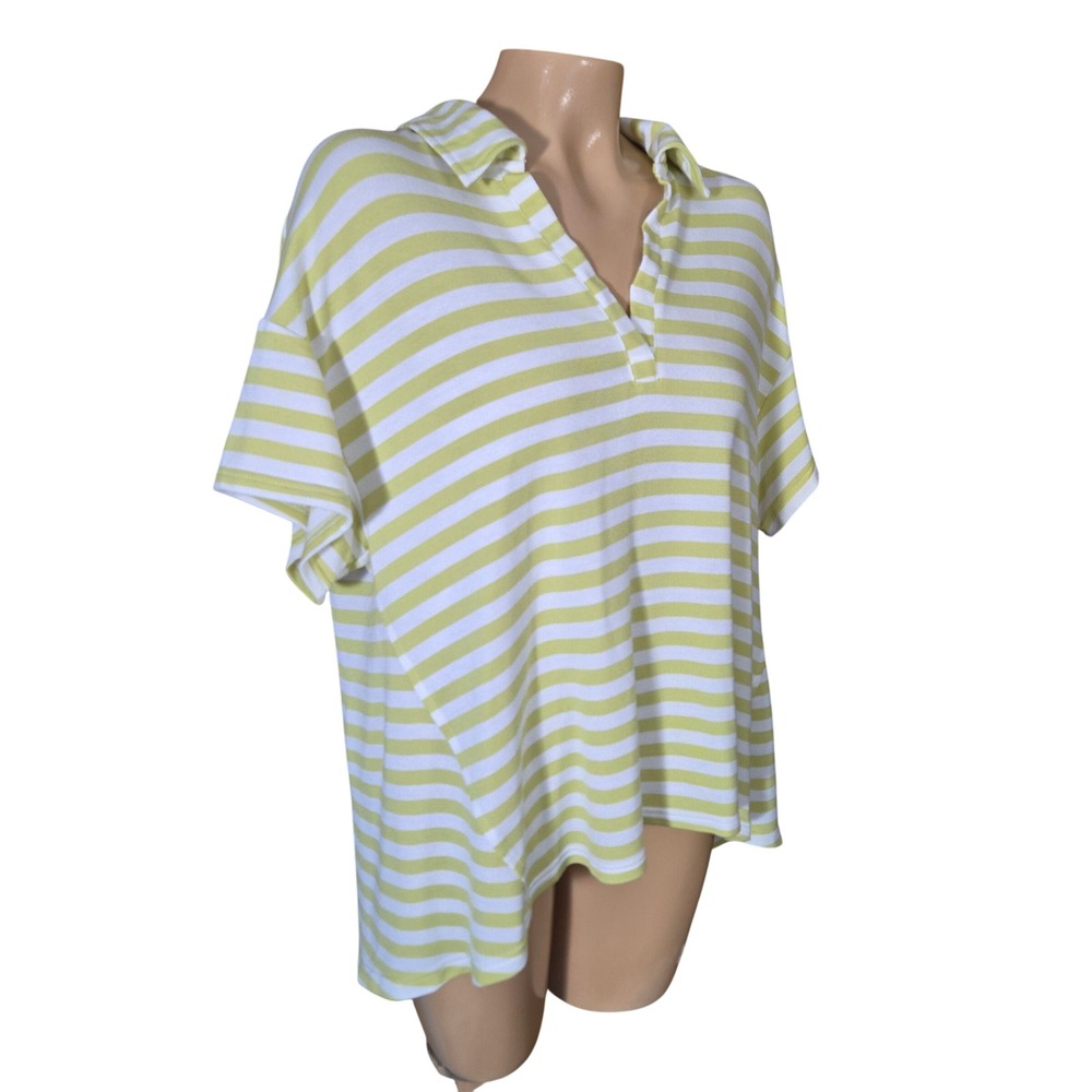 Jane and Delancey Asymetric Striped Polo Womens Size Large Yellow White  V‎ Neck